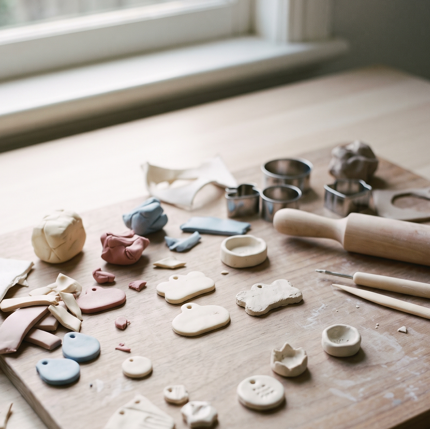 Polymer clay tools and handmade pieces on a studio table at MOON MOON SUN