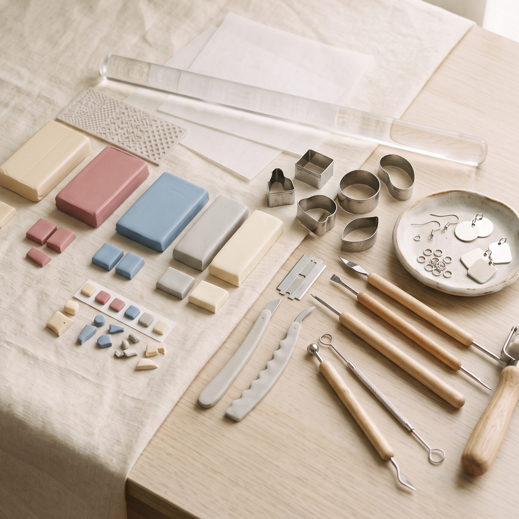 Polymer clay tools and materials prepared for a small-group workshop in Melbourne